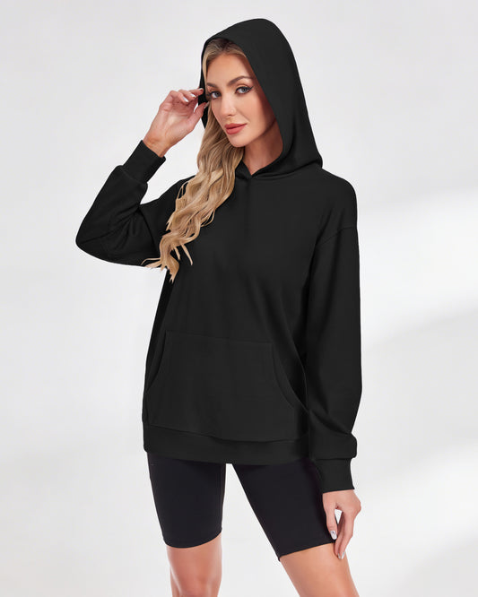 AUSELILY black pullover hoodie with long sleeves, dropped shoulders, and a front kangaroo pocket