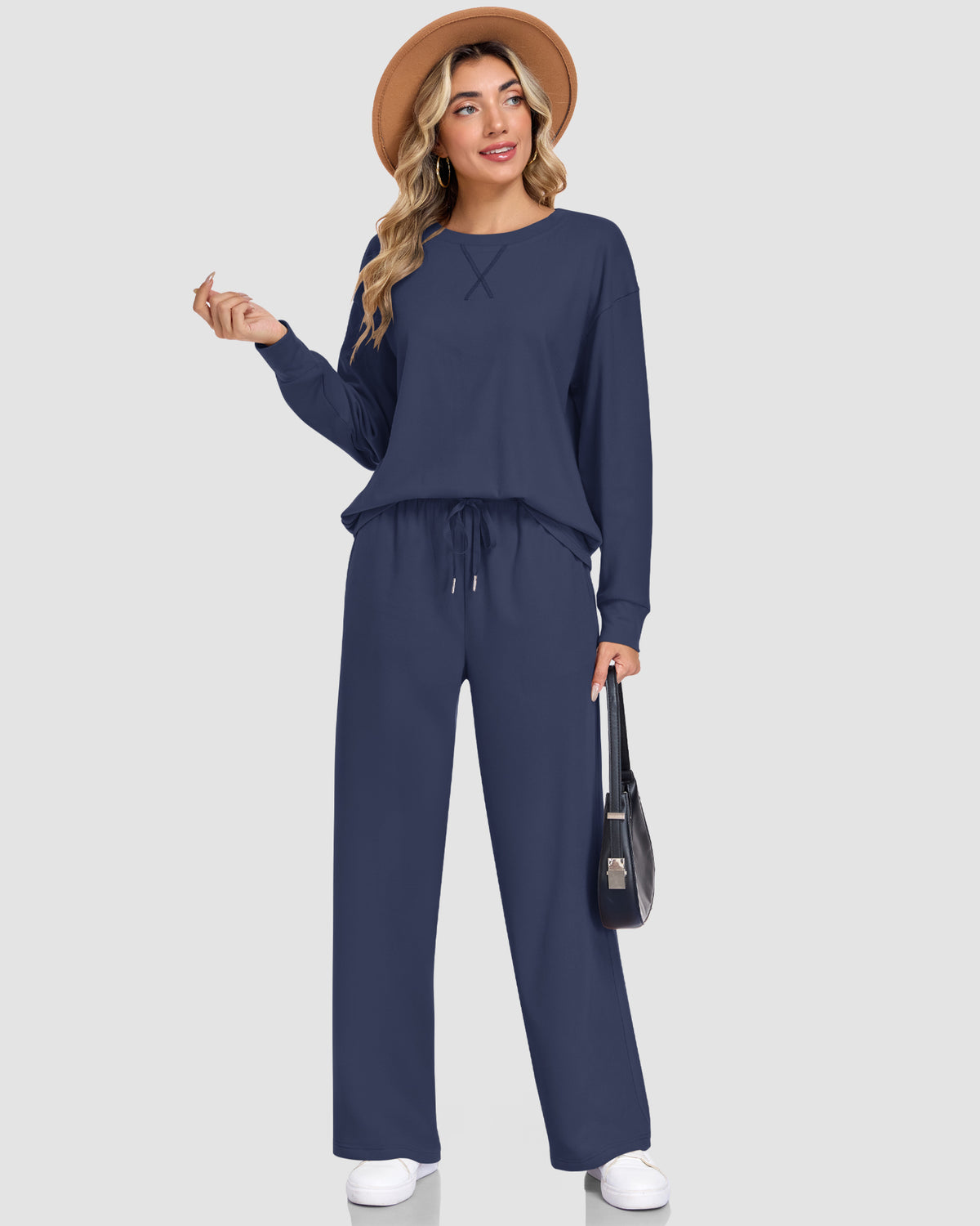 AUSELILY navy blue two-piece lounge set with a crewneck long-sleeve top, X-shaped stitching, and wide-leg pants