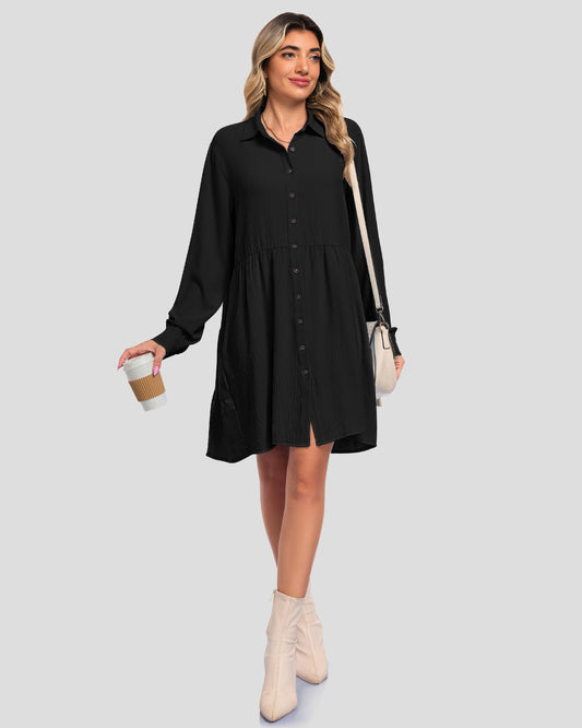 USELILY black babydoll mini dress with a V-neck, button front, gathered skirt, and long sleeves