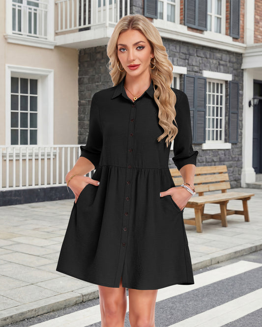 AUSELILY blue striped 3/4 sleeve babydoll button down dress with pockets