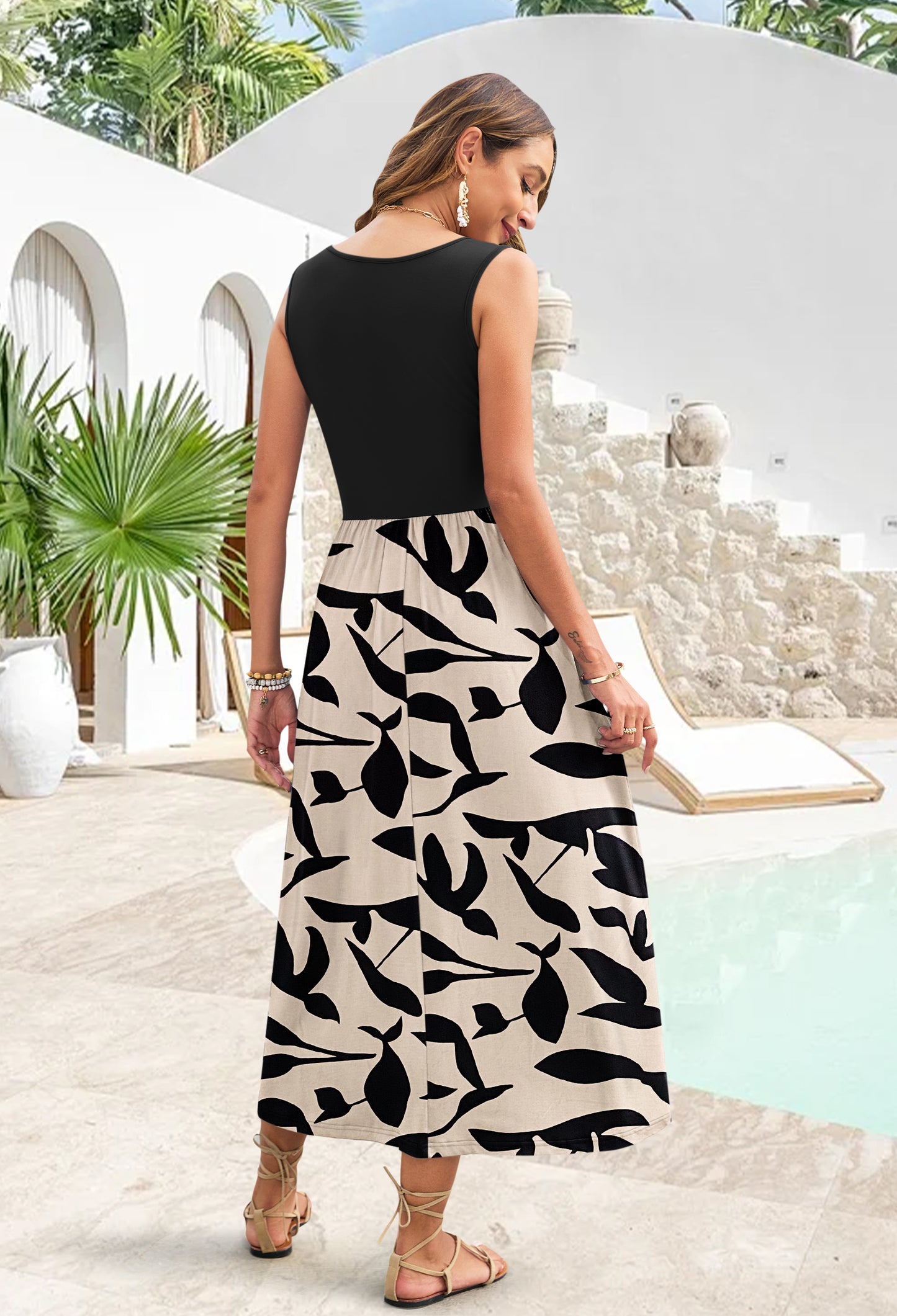 AUSELILY Casual Sleeveless Hawaiian Sundress Tropical Long Dress