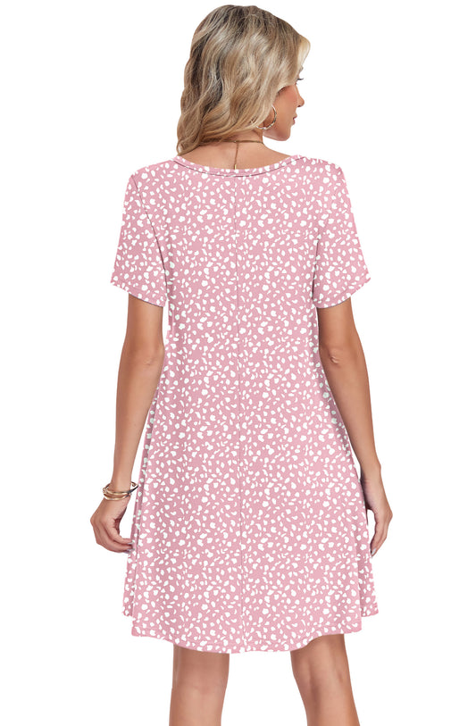 AUSELILY Tshirt Dress Women Swing Floral Short Sleeve V Neck Vacation Beach Mini Dress with Pockets