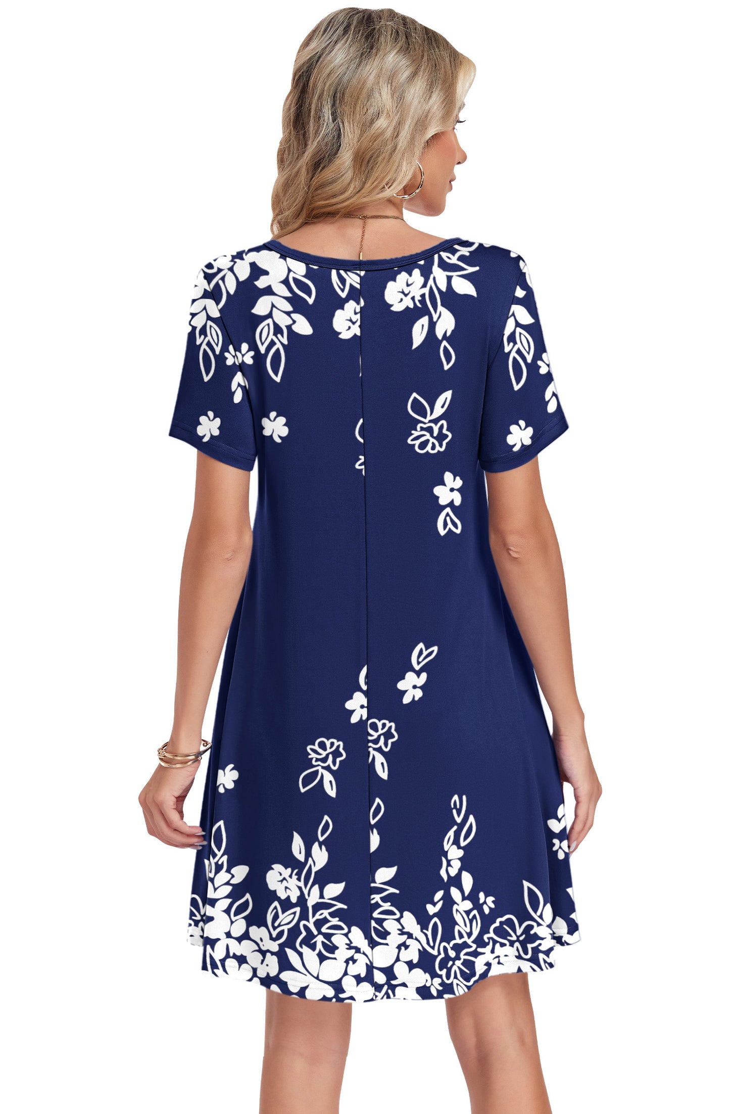 AUSELILY Tshirt Dress Women Swing Floral Short Sleeve V Neck Vacation Beach Mini Dress with Pockets