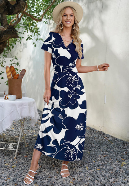AUSELILY Maxi Dresses for Women Ankle Length Floral Print Beach Long Flowy Dress with Pockets