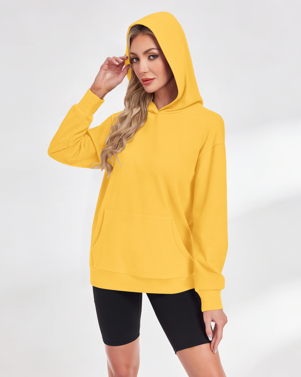 AUSELILY yellow pullover hoodie with long sleeves, dropped shoulders, and a front kangaroo pocket