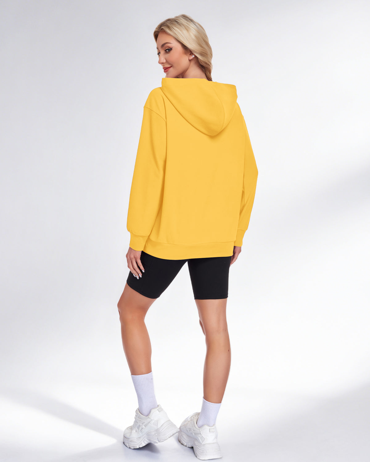 Back view of an AUSELILY yellow long-sleeve pullover hoodie with a hood