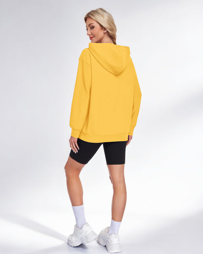 Back view of an AUSELILY yellow long-sleeve pullover hoodie with a hood
