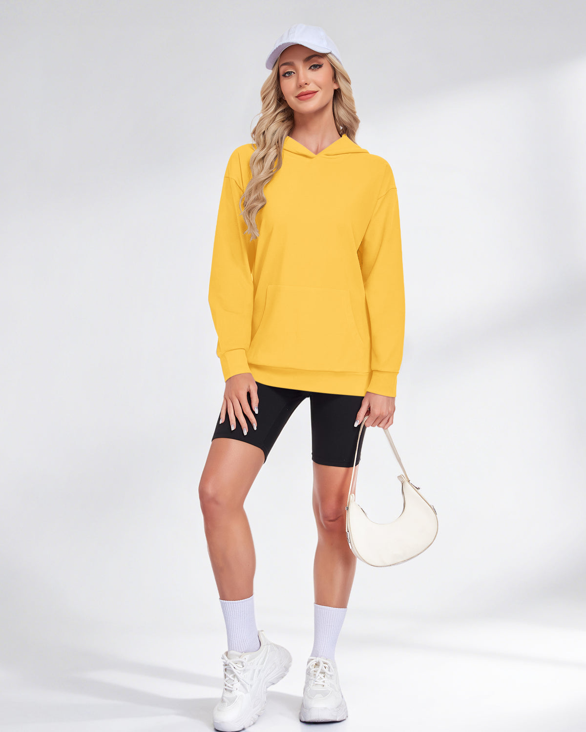 AUSELILY yellow pullover hoodie with long sleeves, dropped shoulders, and a front kangaroo pocket