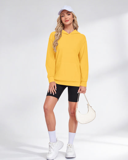 AUSELILY yellow pullover hoodie with long sleeves, dropped shoulders, and a front kangaroo pocket