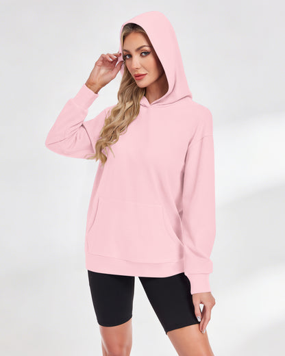 AUSELILY pink pullover hoodie with long sleeves, dropped shoulders, and a front kangaroo pocket