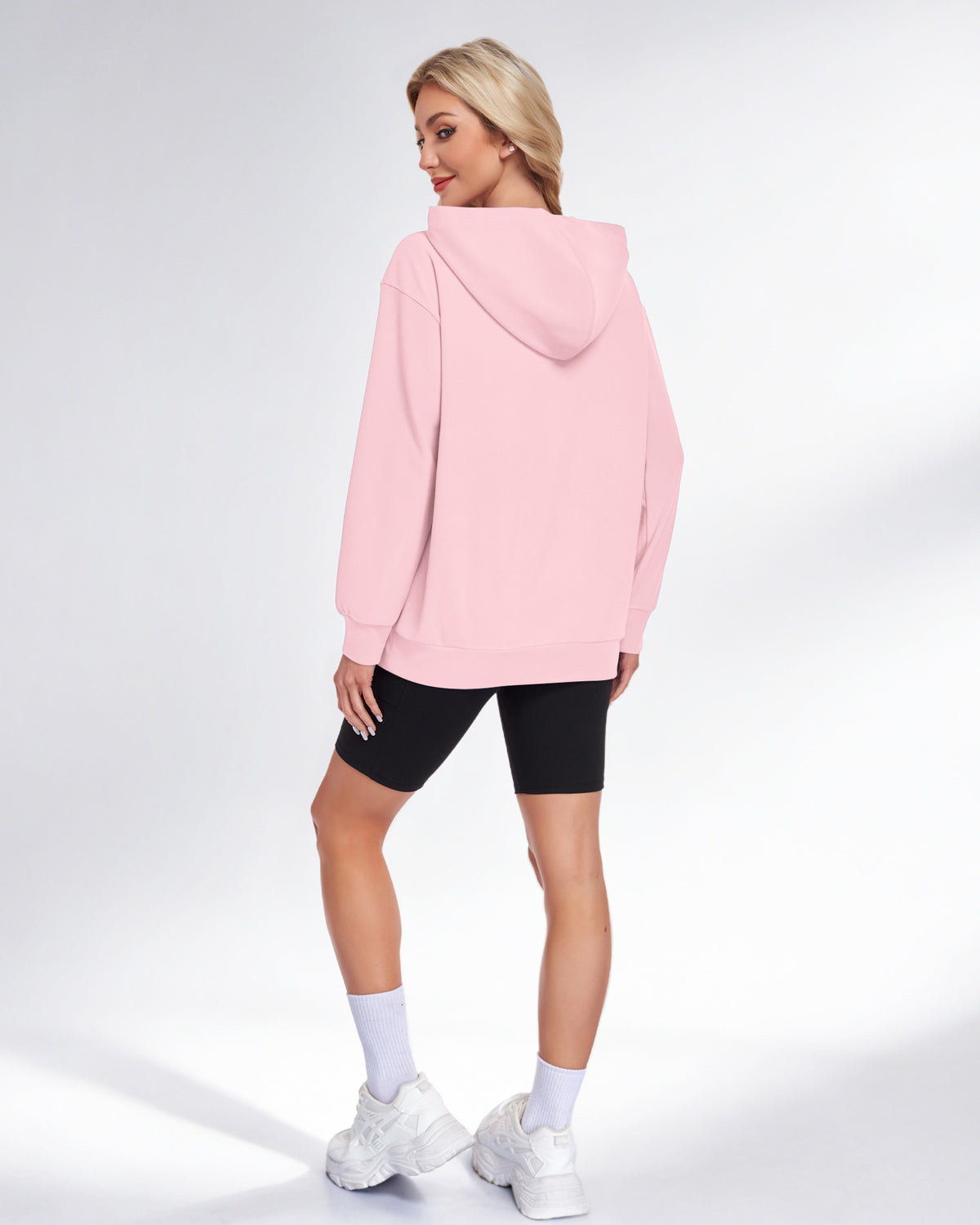 Back view of an AUSELILY pink long-sleeve pullover hoodie with a hood