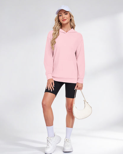AUSELILY pink pullover hoodie with long sleeves, dropped shoulders, and a front kangaroo pocket