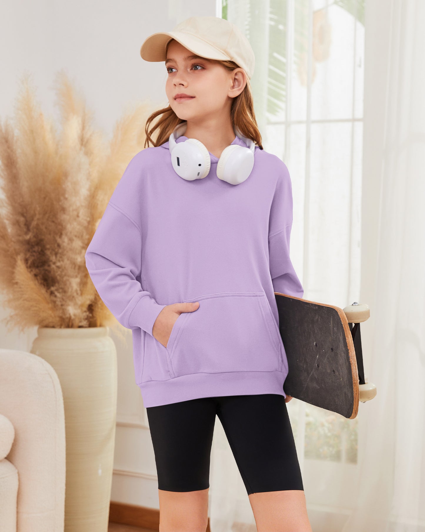 AUSELILY girls light purple fleece pullover hoodie with kangaroo pocket