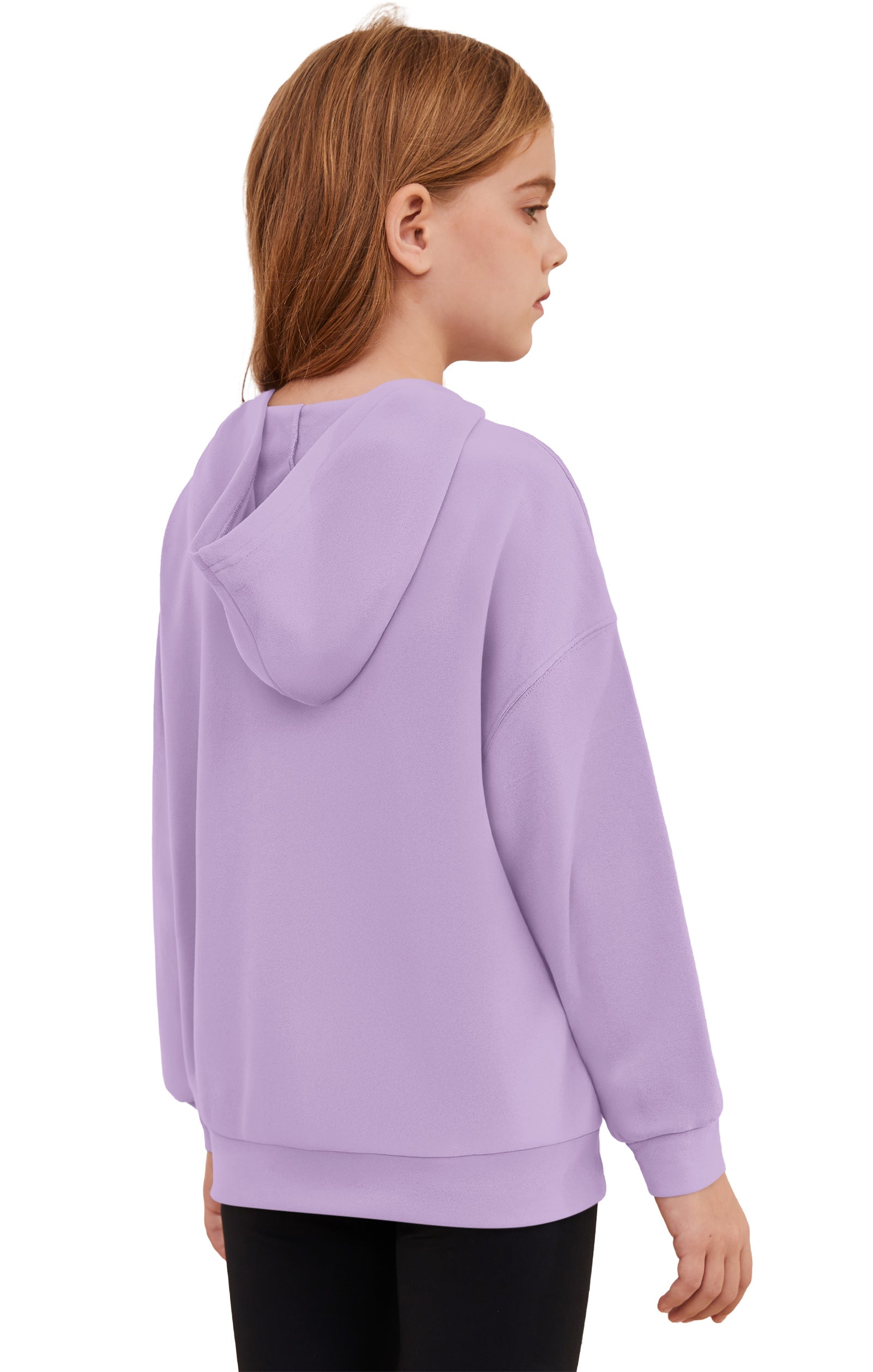 Back view of AUSELILY girls light purple fleece pullover hoodie