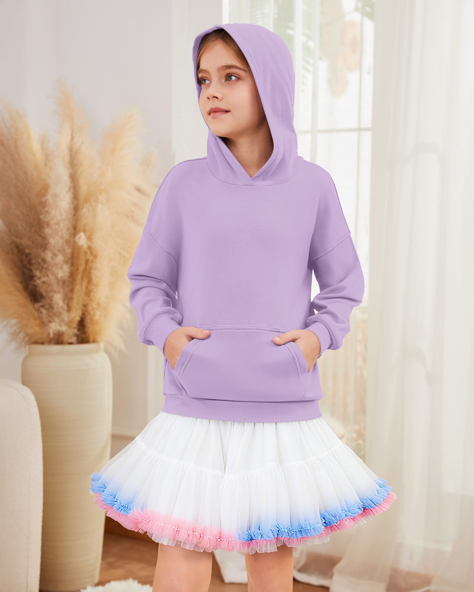 AUSELILY girls light purple fleece pullover hoodie with kangaroo pocket