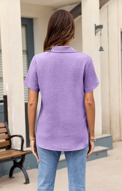 AUSELILY Women's Short Sleeve Button Down Shirt - Collared V Neck Work Casual Blouse