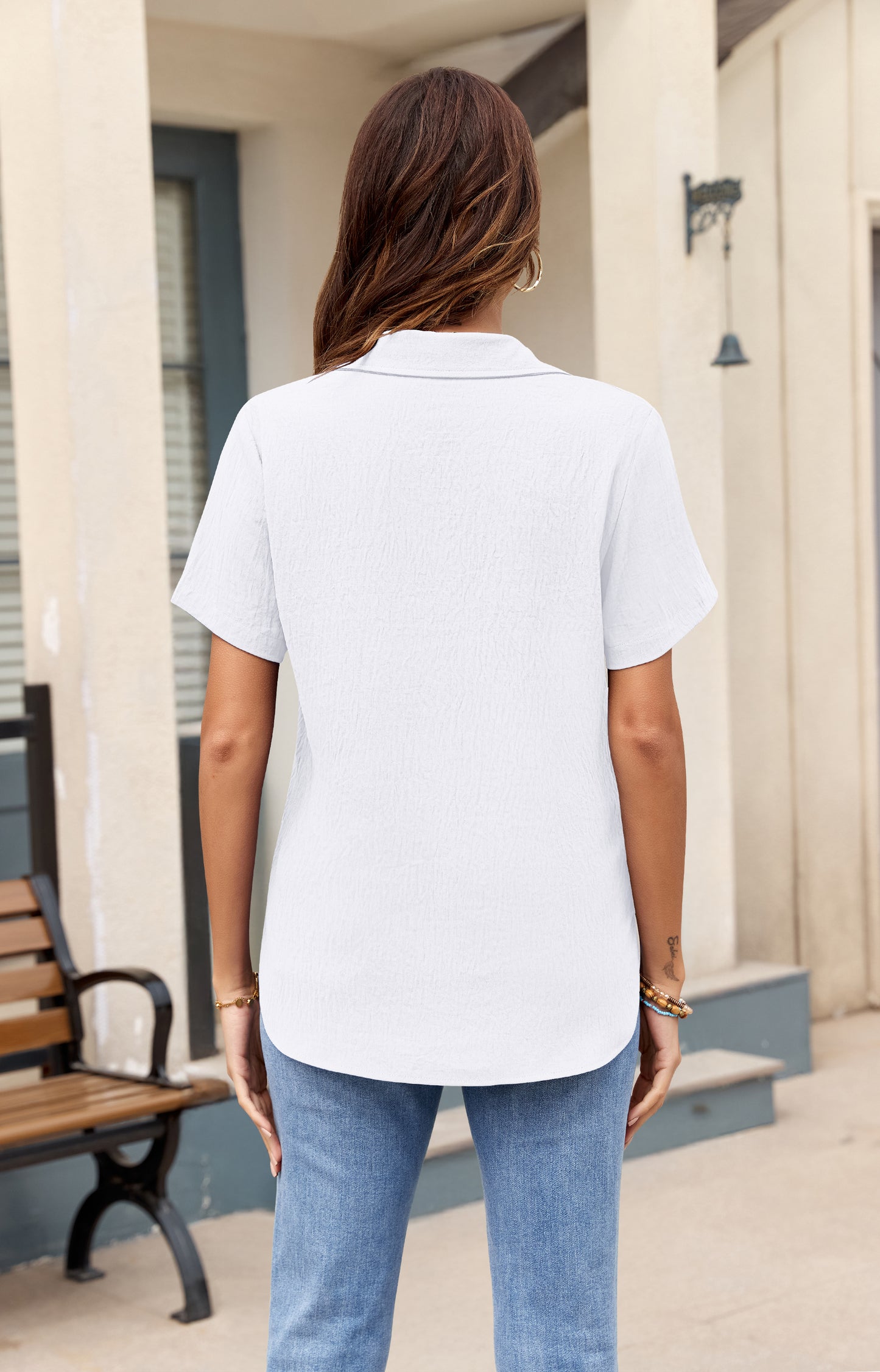 AUSELILY Women's Short Sleeve Button Down Shirt - Collared V Neck Work Casual Blouse