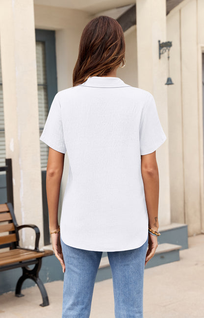 AUSELILY Women's Short Sleeve Button Down Shirt - Collared V Neck Work Casual Blouse