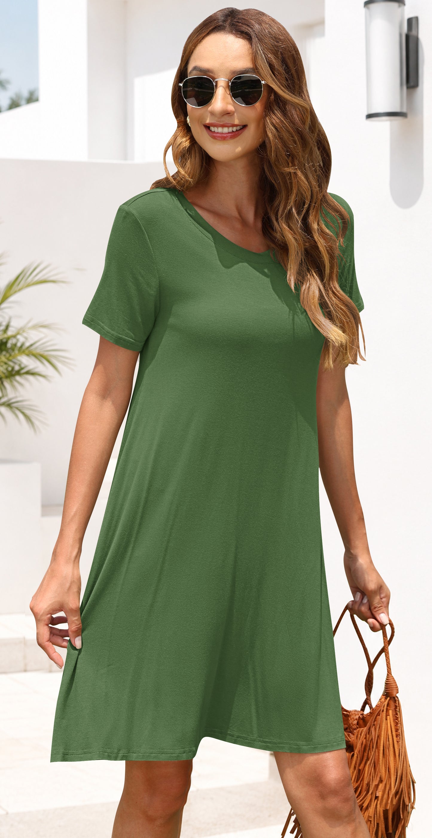 AUSELILY Women's Casual Plain Simple T-Shirt Dress