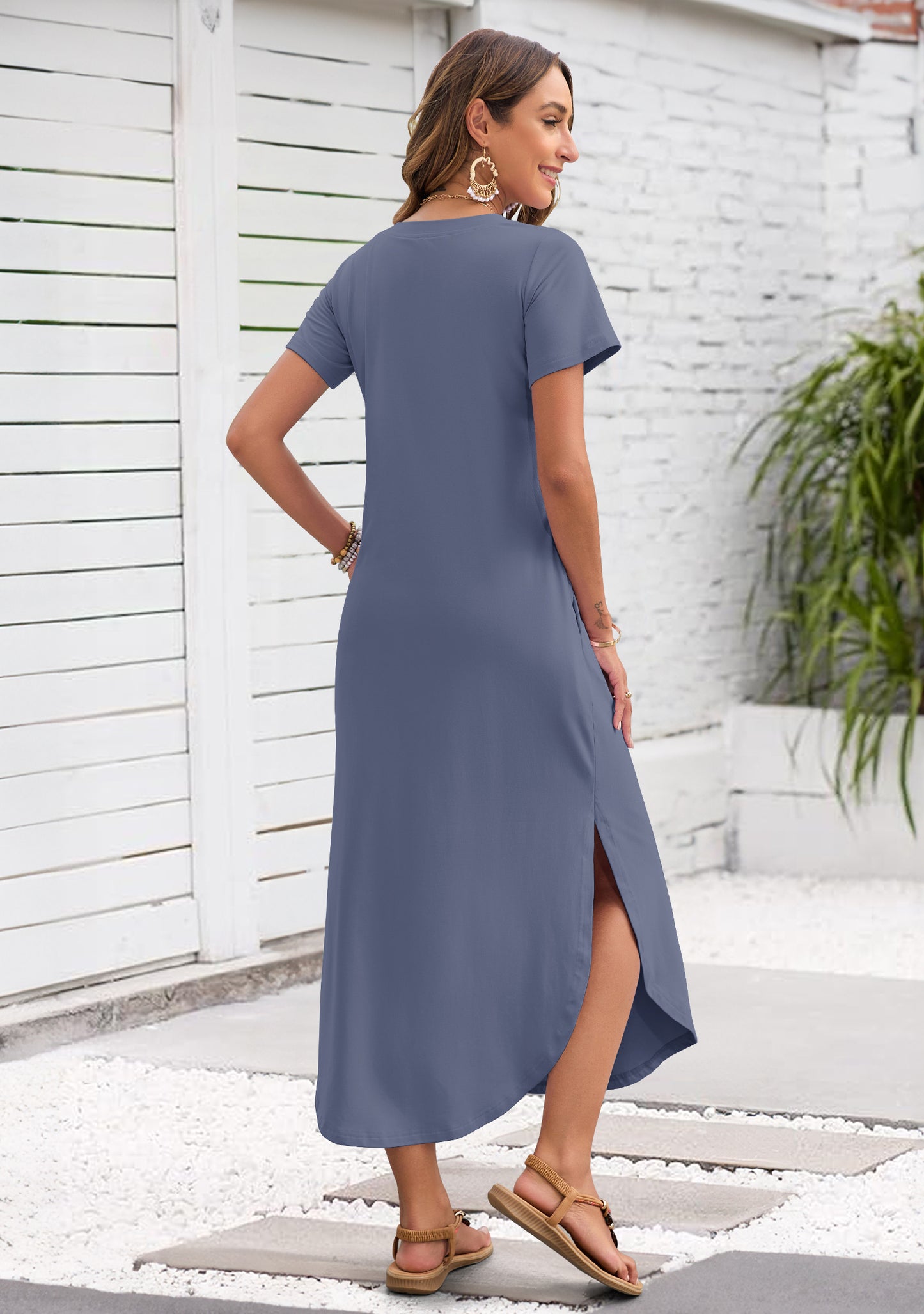 AUSELILY Women's Maxi Dress V Neck Split Long Beach T Shirt Dress