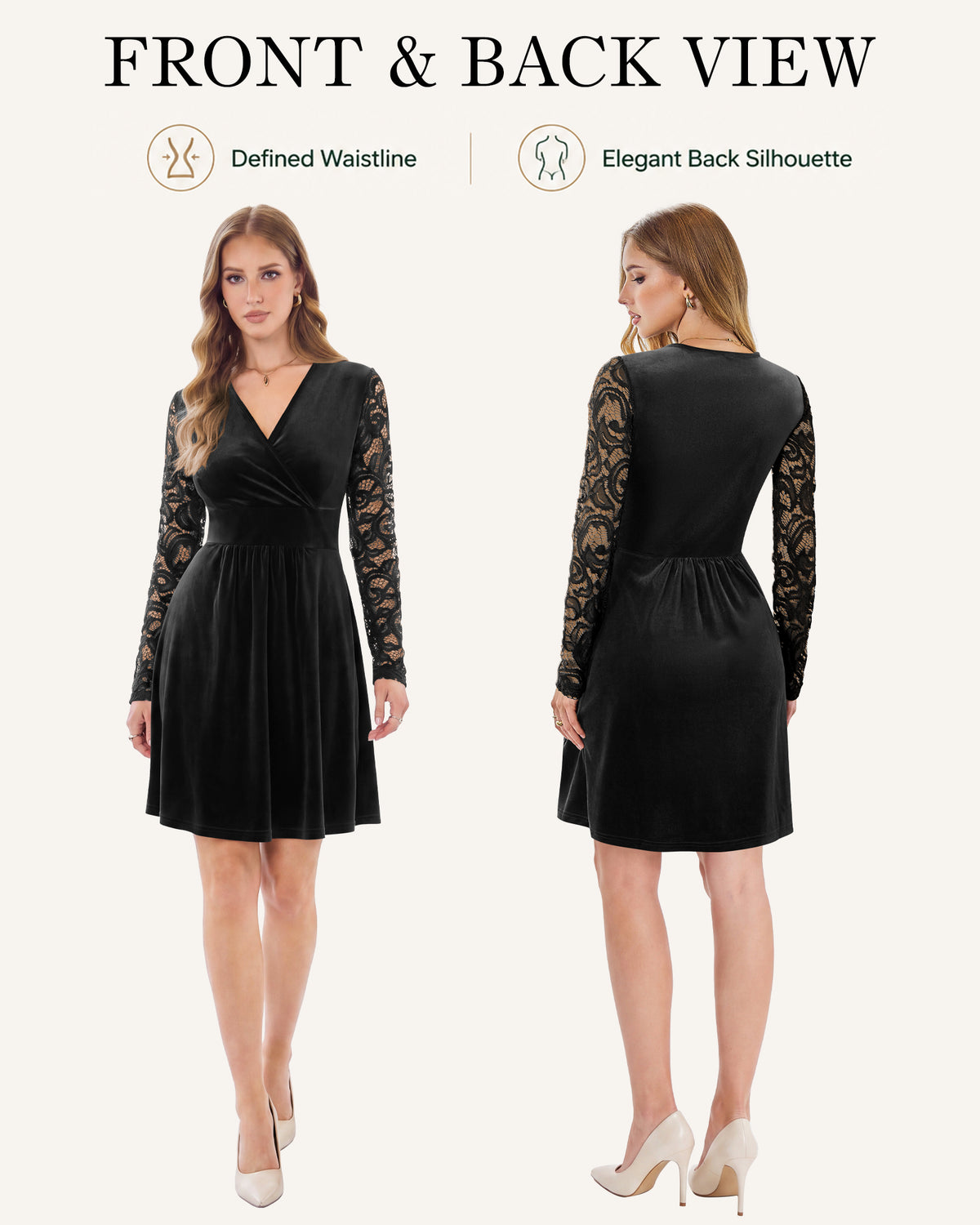 Back view of an AUSELILY black velvet dress with long lace sleeves