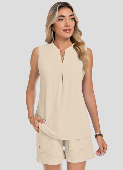 AUSELILY Two Piece Sets Waffle V Neck Sleeveless Sets 