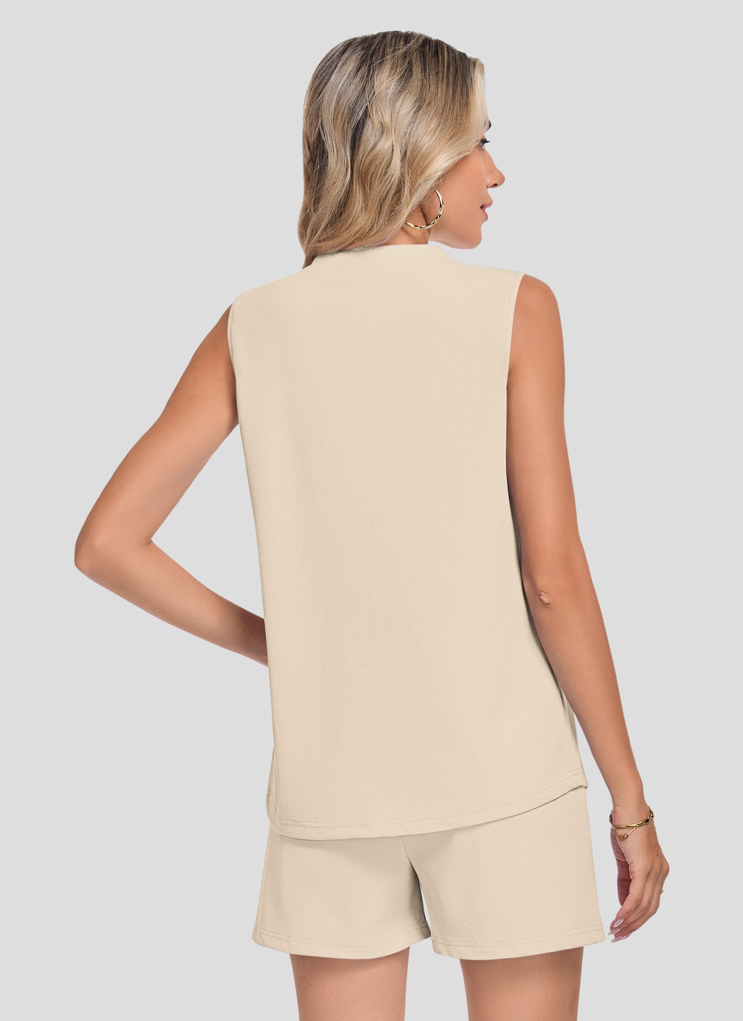 AUSELILY Two Piece Sets Waffle V Neck Sleeveless Sets 