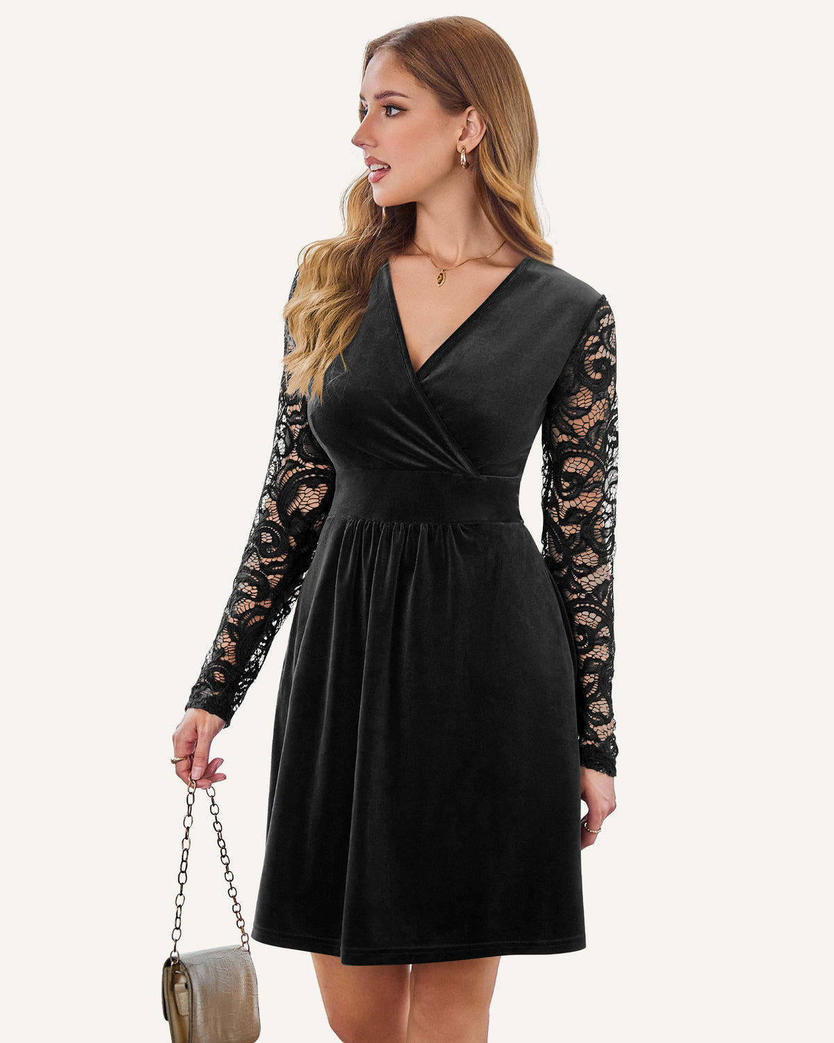 AUSELILY black velvet faux wrap dress with a V-neck, long floral lace sleeves, and an A-line skirt