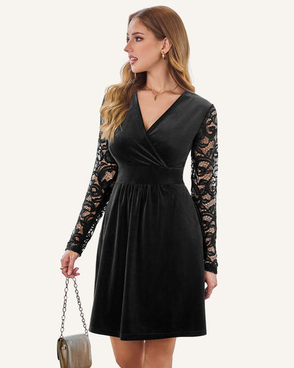 AUSELILY black velvet faux wrap dress with a V-neck, long floral lace sleeves, and an A-line skirt