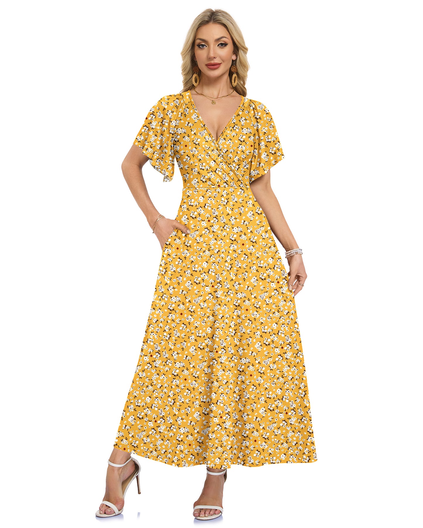 AUSELILY Long Flowy Wrap Dress Ruffle Sleeve Deep V Neck Formal Dress with Pockets