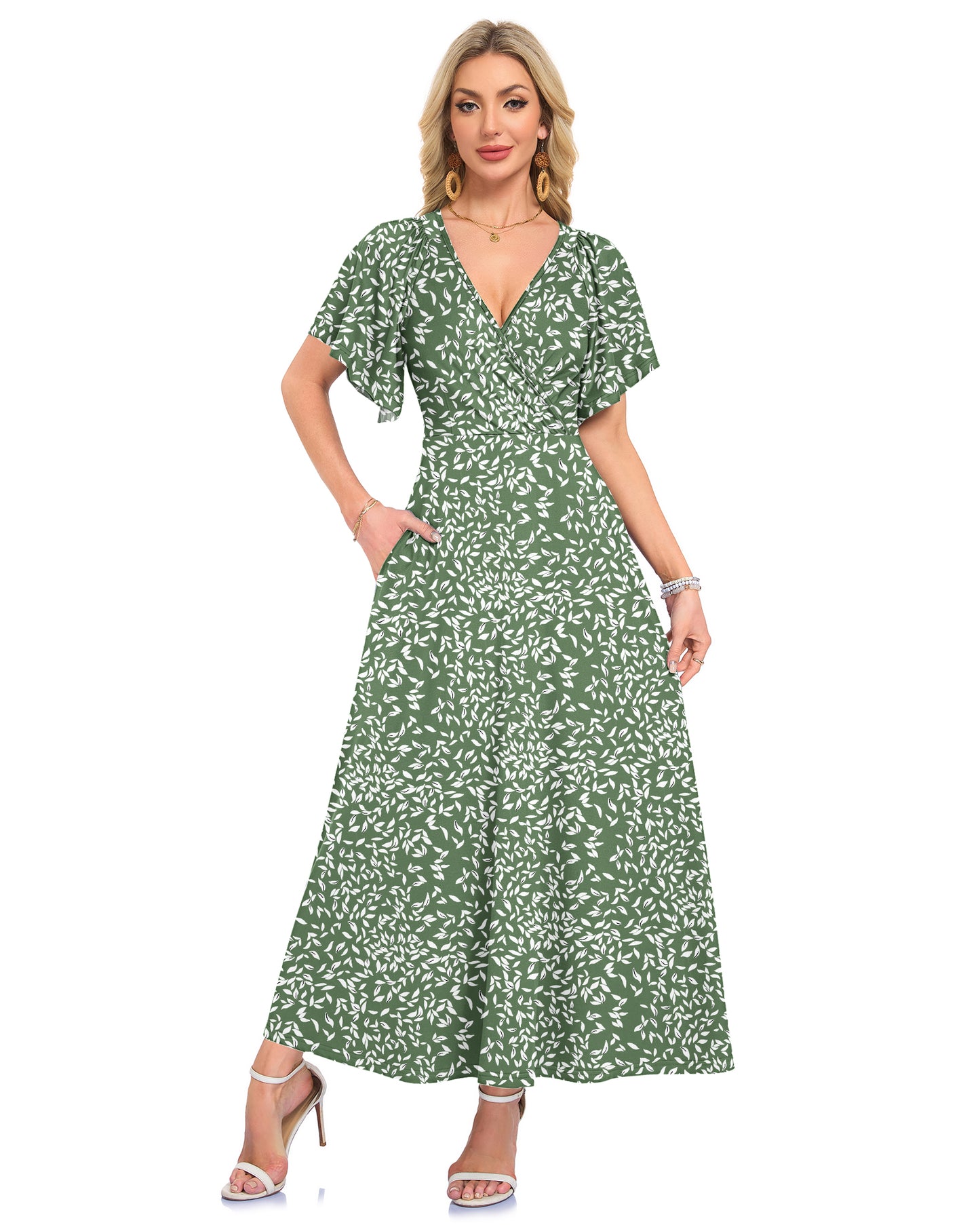 AUSELILY Long Flowy Wrap Dress Ruffle Sleeve Deep V Neck Formal Dress with Pockets