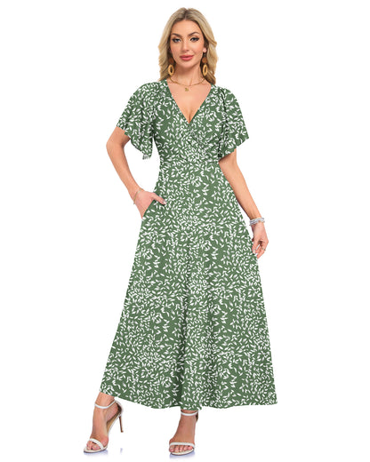 AUSELILY Long Flowy Wrap Dress Ruffle Sleeve Deep V Neck Formal Dress with Pockets