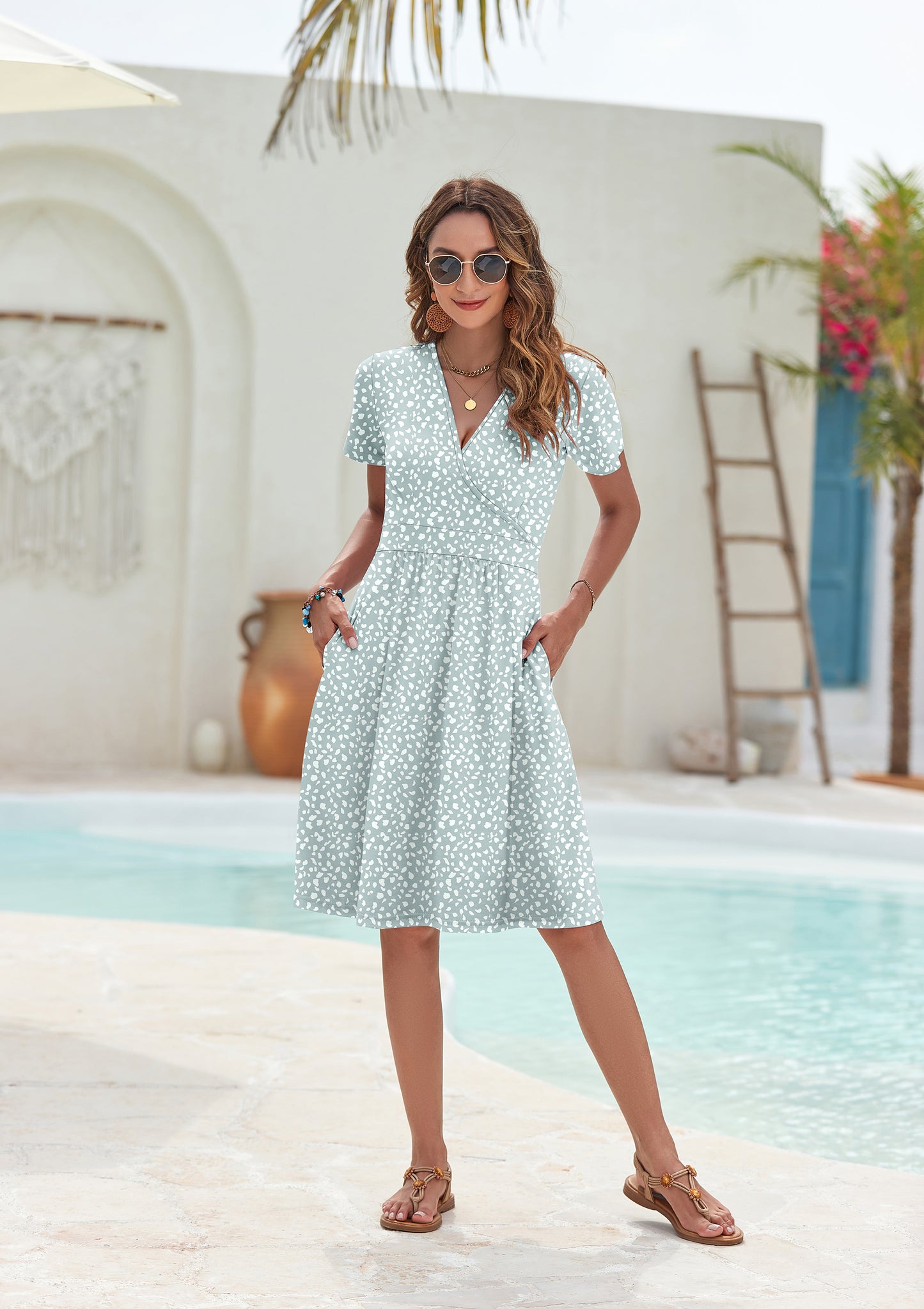 AUSELILY Womens Short Sleeve V Neck Floral Sundress with Pockets