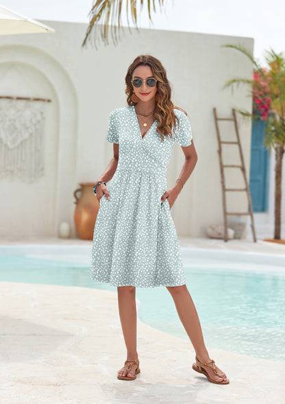AUSELILY Womens Short Sleeve V Neck Floral Sundress with Pockets