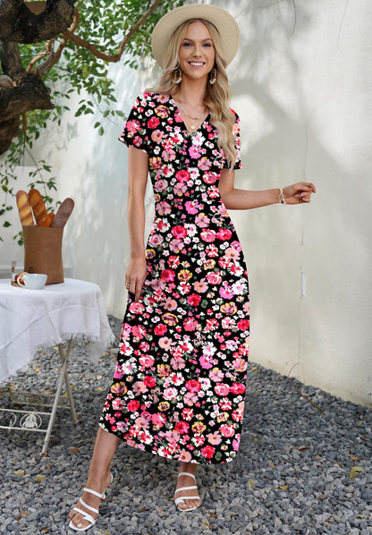 AUSELILY Maxi Dresses for Women Ankle Length Floral Print Beach Long Flowy Dress with Pockets