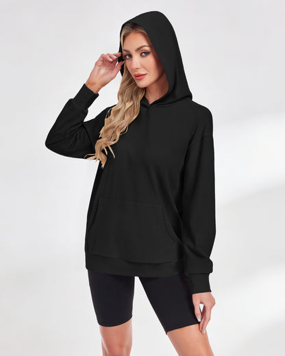 AUSELILY black pullover hoodie with long sleeves, dropped shoulders, and a front kangaroo pocket