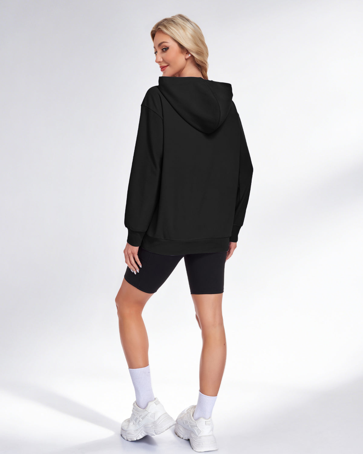 Back view of an AUSELILY black long-sleeve pullover hoodie with a hood
