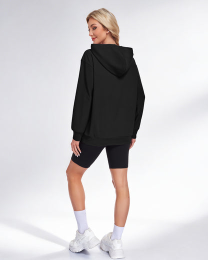 Back view of an AUSELILY black long-sleeve pullover hoodie with a hood