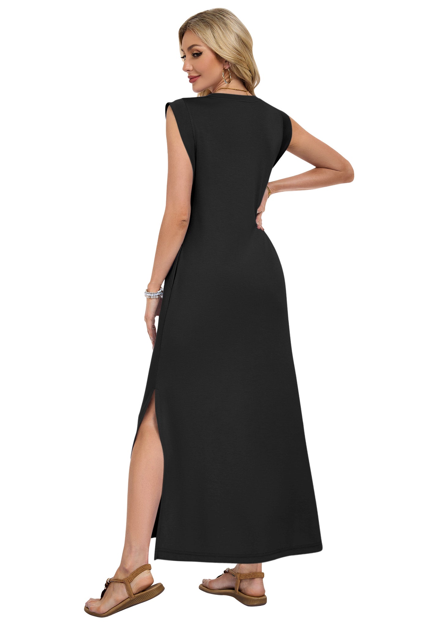 AUSELILY Straight-Cut Wrinkle-Free, Loose Split Sleeveless Vacation Dress with Pockets