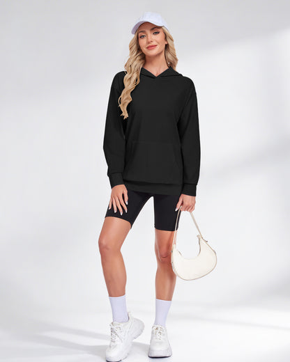 AUSELILY black pullover hoodie with long sleeves, dropped shoulders, and a front kangaroo pocket