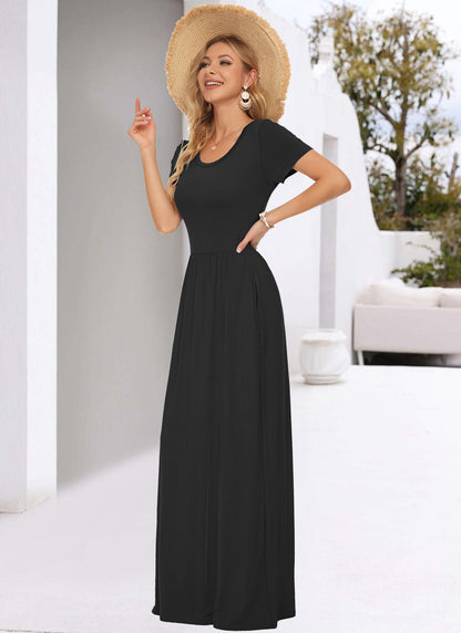 AUSELILY Women's Classic Short Sleeve Loose Plain Casual Long Maxi Dresses