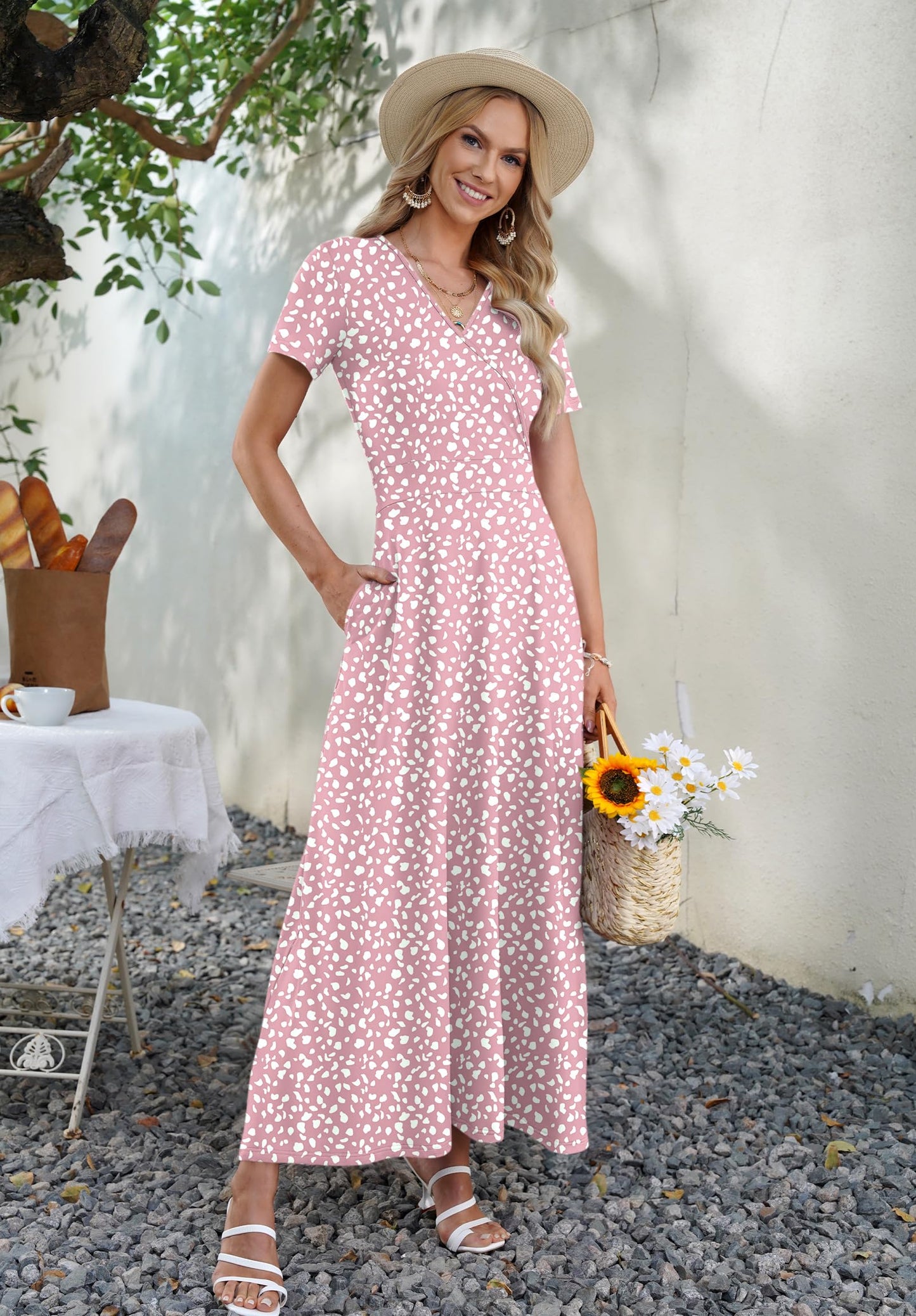 AUSELILY Maxi Dresses for Women Ankle Length Floral Print Beach Long Flowy Dress with Pockets