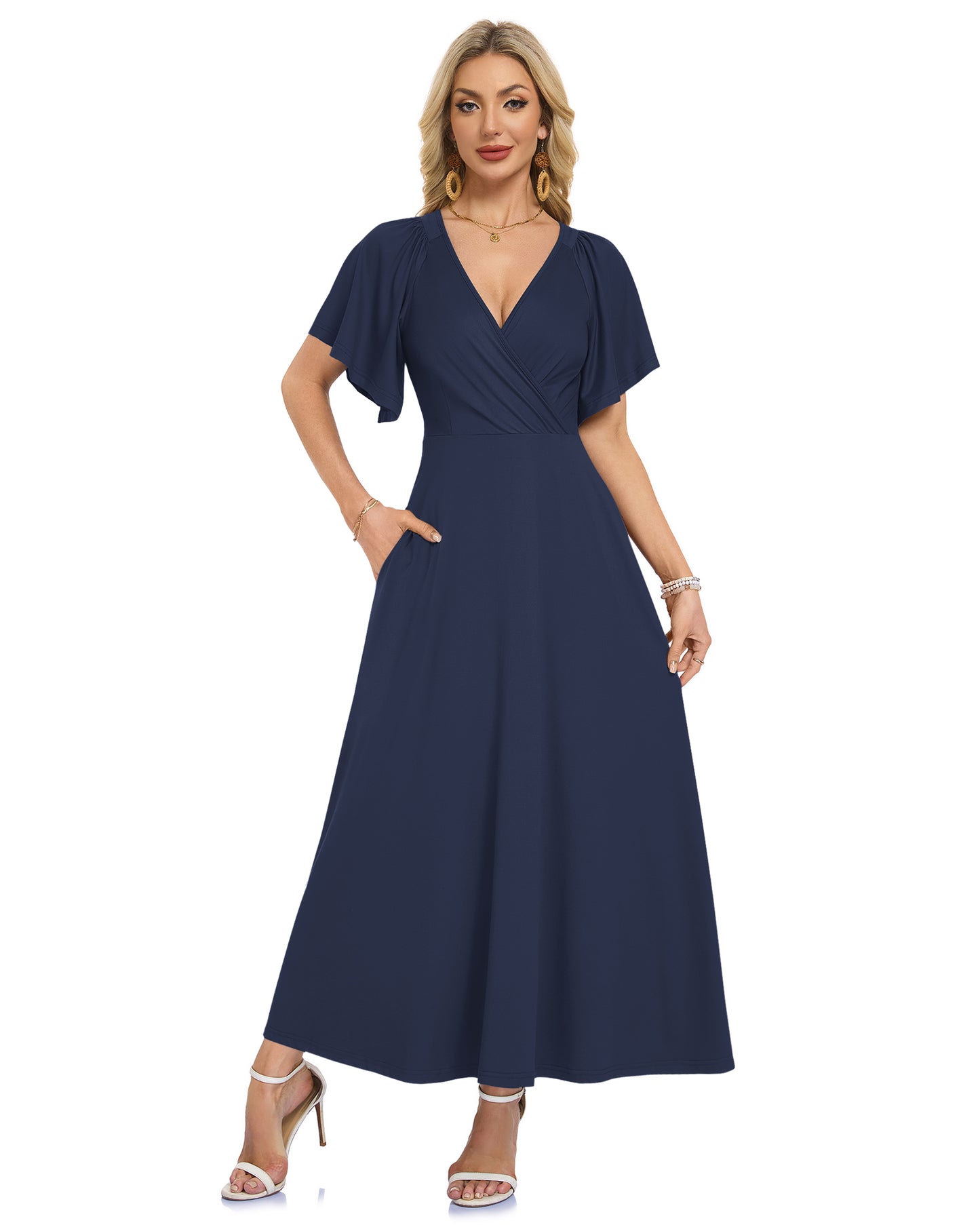 AUSELILY Long Flowy Wrap Dress Ruffle Sleeve Deep V Neck Formal Dress with Pockets