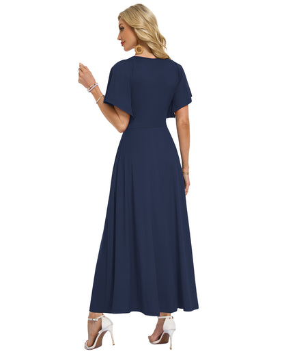 AUSELILY Long Flowy Wrap Dress Ruffle Sleeve Deep V Neck Formal Dress with Pockets