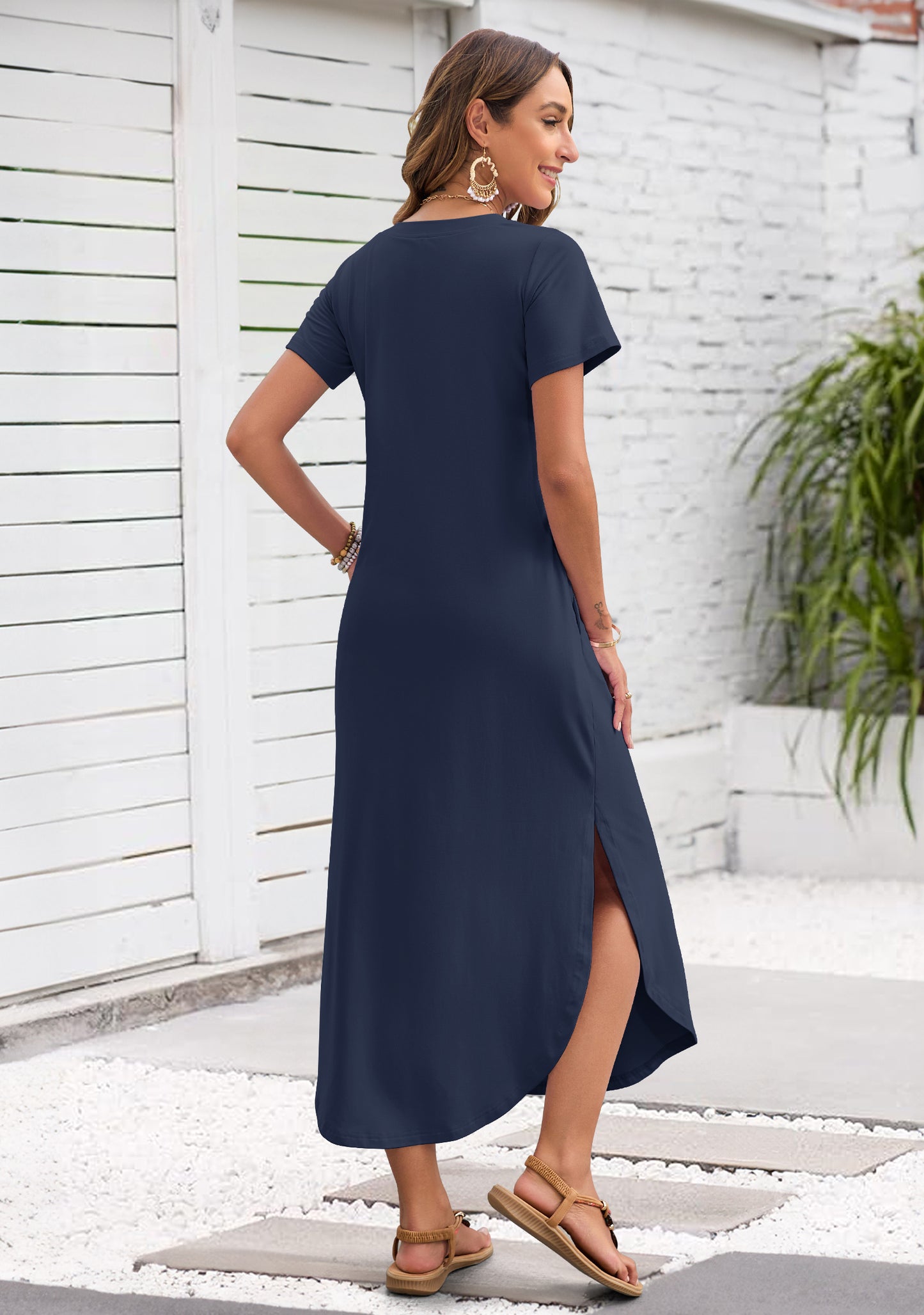 AUSELILY Women's Maxi Dress V Neck Split Long Beach T Shirt Dress