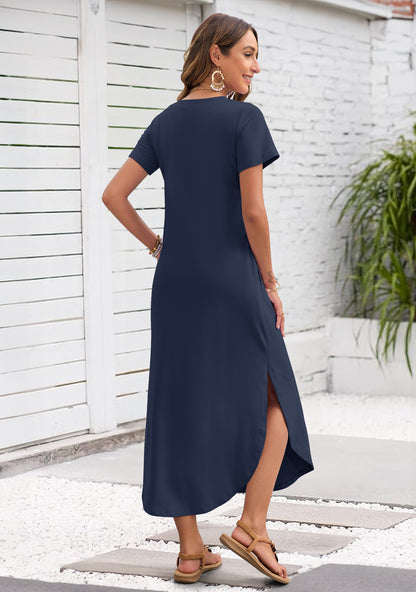 AUSELILY Women's Maxi Dress V Neck Split Long Beach T Shirt Dress
