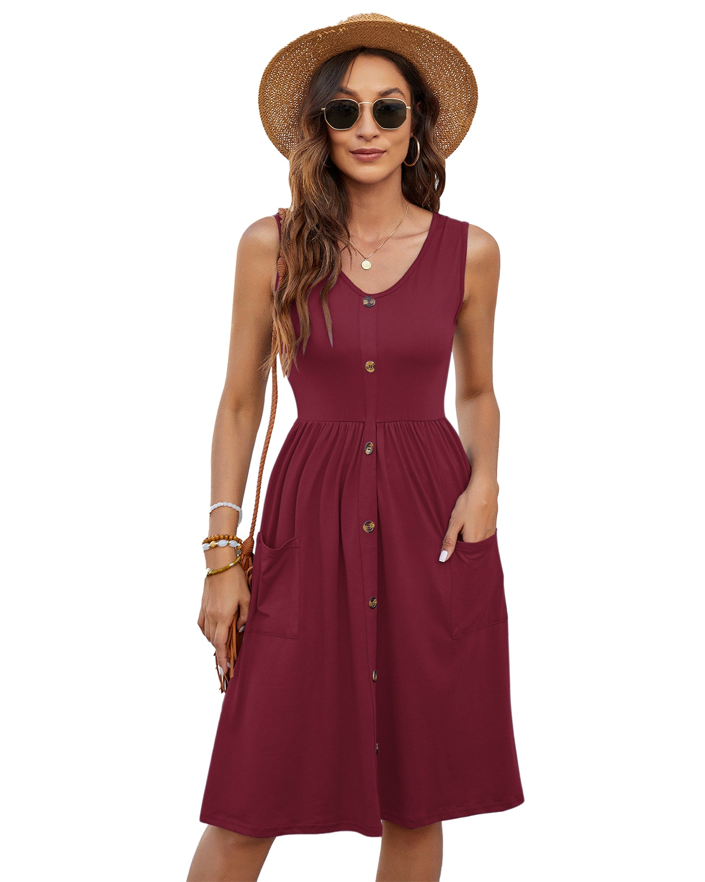 AUSELILY Women Swing Button Down Midi Dress with Pockets