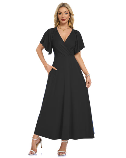 AUSELILY Long Flowy Wrap Dress Ruffle Sleeve Deep V Neck Formal Dress with Pockets