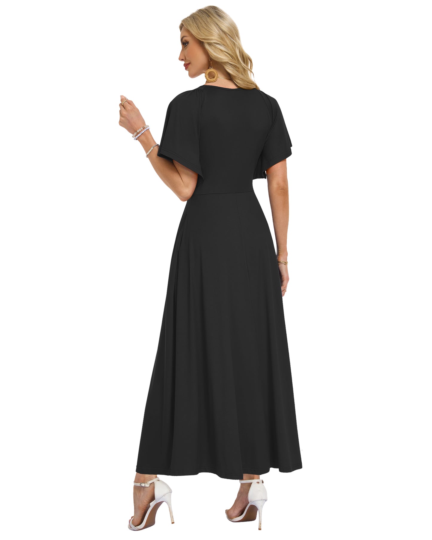 AUSELILY Long Flowy Wrap Dress Ruffle Sleeve Deep V Neck Formal Dress with Pockets