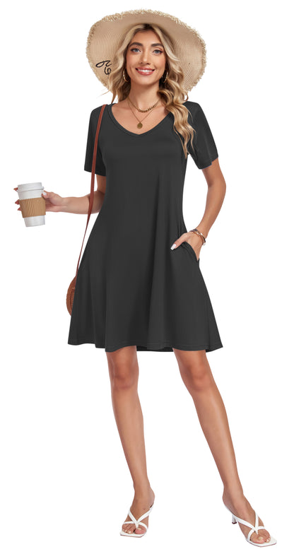 AUSELILY Tshirt Dress Women Swing Floral Short Sleeve V Neck Vacation Beach Mini Dress with Pockets